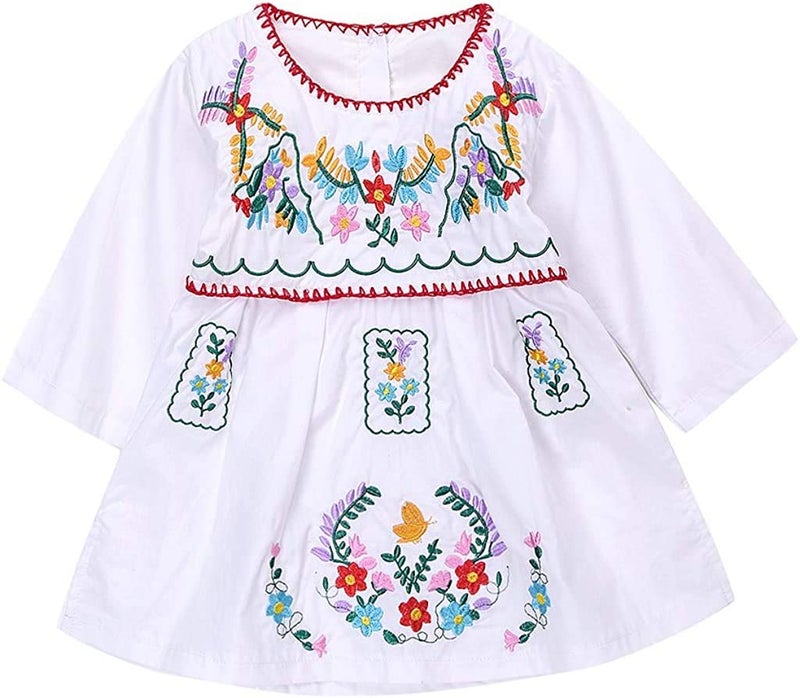 Kashoer Newborn Toddler Baby Girls Ethnic Embroidery Floral Dress Long Sleeve Party Sundress Skirt (0-6Months, White)